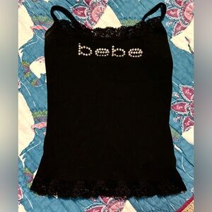 Bebe Black Ribbed Knit Lace Trim Top